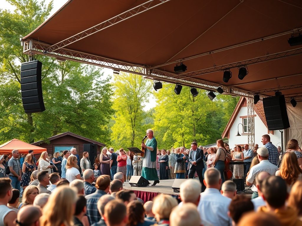 Widok na rynek w Kowalu podczas majówki, z udekorowanymi budynkami i ludźmi świętującymi na zewnątrz.