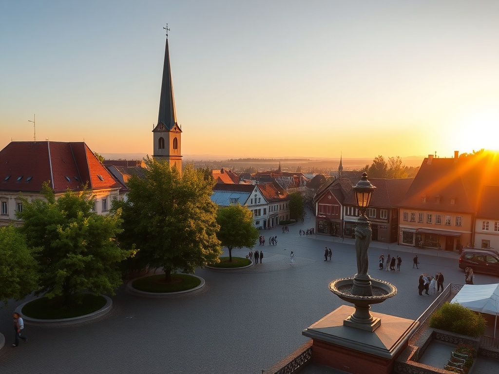 Malowniczy widok na Kowal podczas wiosennego dnia, z zielenią i być może elementami lokalnej architektury.